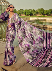 Purple Digital Print Satin Silk Saree