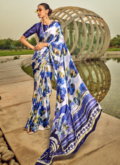 Blue and White Digital Print Satin Silk Saree