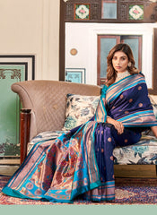 Woven Navy Blue Soft Peshwai Paithani Silk