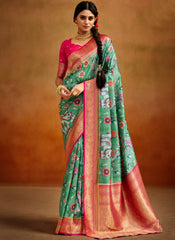 Sea Green and Pink Kalamkari Print Banarasi Silk Saree