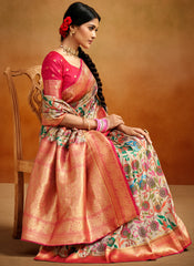 Cream and Pink Kalamkari Print Banarasi Silk Saree
