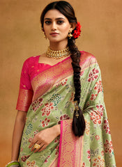 Pista Green and Pink Kalamkari Print Banarasi Silk Saree