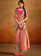 Pastel Purple and Pink Kalamkari Print Banarasi Silk Saree