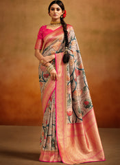 Pastel Purple and Pink Kalamkari Print Banarasi Silk Saree