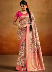 Peach and Pink Kalamkari Print Banarasi Silk Saree
