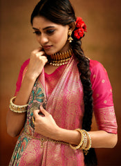 Light Pink and Rani Kalamkari Print Banarasi Silk Saree