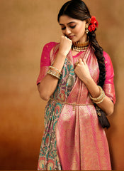 Light Pink and Rani Kalamkari Print Banarasi Silk Saree