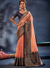 Peach and Navy Blue Banarasi Organza Silk Saree