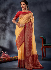 Yellow and Red Banarasi Organza Silk Saree
