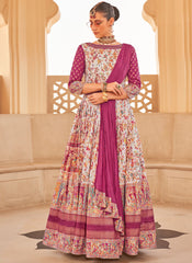 White and Mauve Foil Print Patola Silk Anarkali Suit