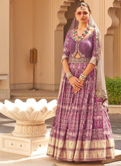 White and Mauve Foil Print Patola Silk Anarkali Suit