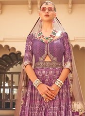 White and Mauve Foil Print Patola Silk Anarkali Suit