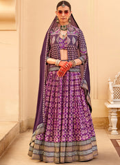 Designer Foil Print Purple PV Silk Lehenga Choli with Jacket