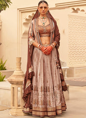 Designer Foil Print Brown PV Silk Lehenga Choli with Jacket