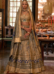 Golden and Blue Silk Bridal Lehenga Choli