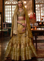Golden Green and Brown Silk Bridal Lehenga Choli