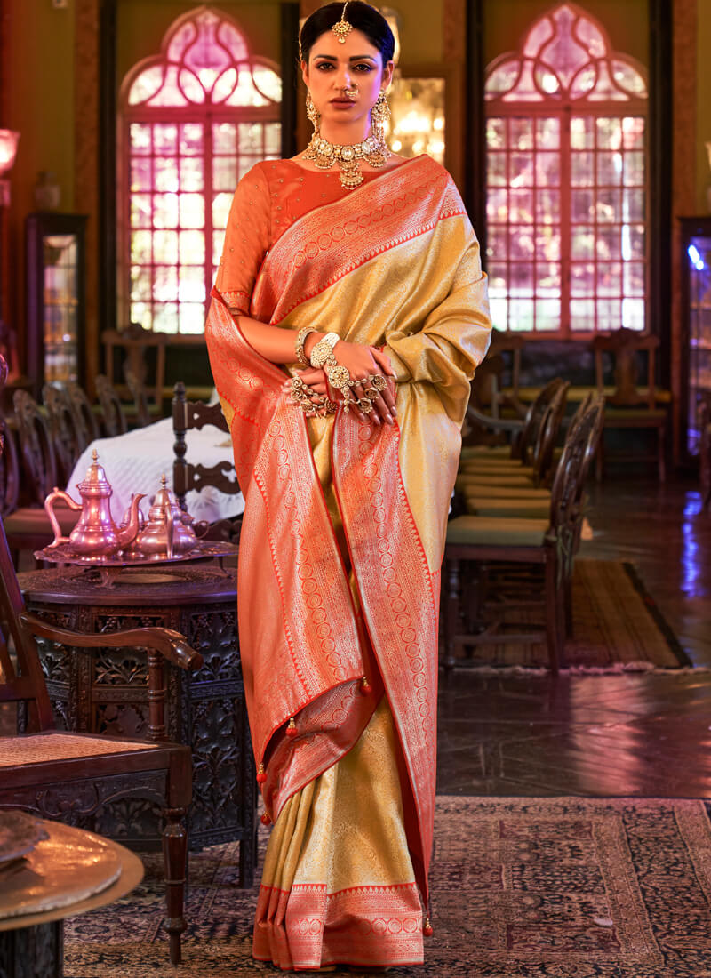 Royal Beige and Red kanjivaram saree - nirshaa