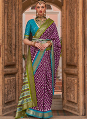 Purple , Firozi and Green Weaved Silk Saree