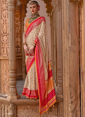 Cream , Orange and Pink Ikat Print Weaved Silk Saree