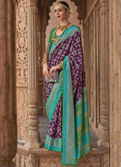 Purple , Green and Firozi Ikat Print Weaved Silk Saree