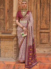 Pretty Mauve and Maroon Ikat Print Weaved Silk Saree