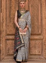 Elegant Grey and Black Ikat Print weaved Silk Saree