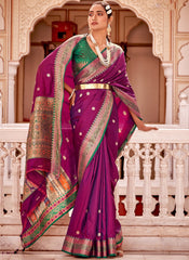 Purple and Green Semi-Banarasi Silk Saree