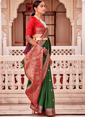Olive Green and Red Semi-Banarasi Silk Saree