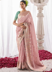 Woven Light Pink and Blue Kora Silk Saree