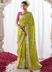 Woven Green and Pink Kora Silk Saree