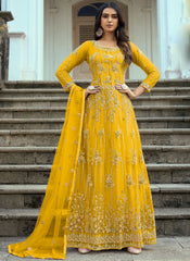 Yellow Embroidered Net A-Line Cut Suit