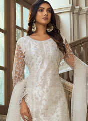 White Embroidered Net Straight  Cut Suit with Palazzo