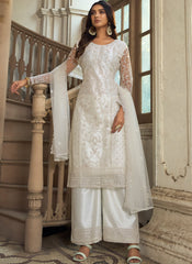 White Embroidered Net Straight  Cut Suit with Palazzo