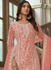 Peach Embroidered Net Straight  Cut Suit with Palazzo