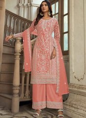 Peach Embroidered Net Straight  Cut Suit with Palazzo