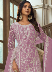 Light Purple Embroidered Net Straight  Cut Suit with Palazzo