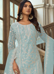 Light Blue Embroidered Net Straight  Cut Suit with Palazzo