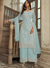 Light Blue Embroidered Net Straight  Cut Suit with Palazzo