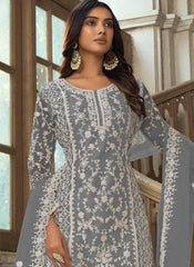 Grey Embroidered Net Straight  Cut Suit with Palazzo