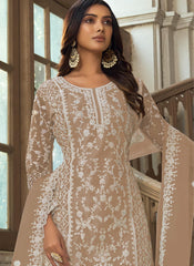 Light Brown Embroidered Net Straight  Cut Suit with Palazzo