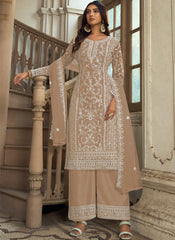 Light Brown Embroidered Net Straight  Cut Suit with Palazzo