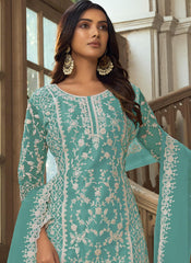 Sea Blue Embroidered Net Straight  Cut Suit with Palazzo