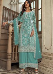 Sea Blue Embroidered Net Straight  Cut Suit with Palazzo