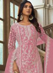 Pink Embroidered Net Straight  Cut Suit with Palazzo