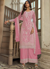 Pink Embroidered Net Straight  Cut Suit with Palazzo