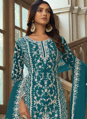 Firozi Blue Embroidered Net Straight  Cut Suit with Palazzo