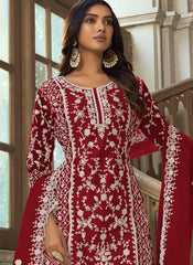 Maroon Embroidered Net Straight  Cut Suit with Palazzo