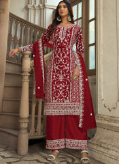 Maroon Embroidered Net Straight  Cut Suit with Palazzo