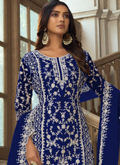 Cobalt Blue Embroidered Net Straight  Cut Suit with Palazzo