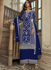 Cobalt Blue Embroidered Net Straight  Cut Suit with Palazzo